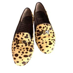 Tory Burch Leopard Print Haircalf Loafers With Quilted Insoles & Bow Detail Size